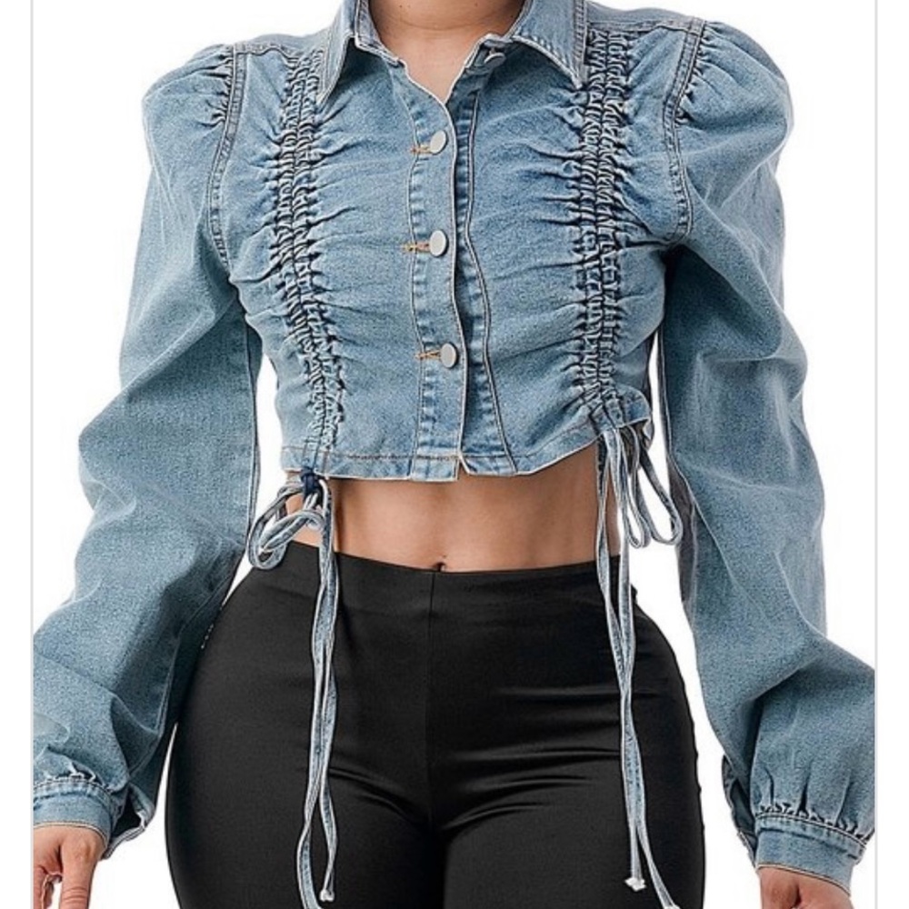 Denim Ruched Button-Up Jacket - Picture 4 of 4